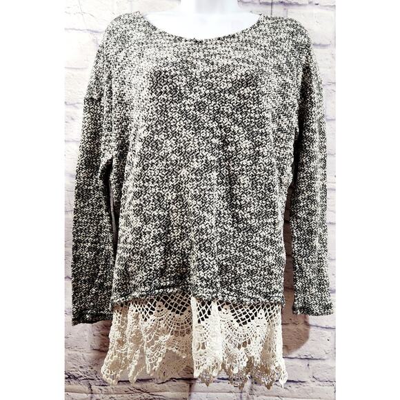 EZ Clothing Black White Knitted Sweater Top With Crochet Lace Trim Medium Soft - Picture 1 of 6